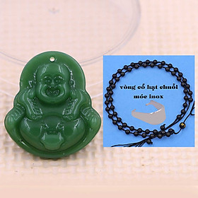 Mặt Phật Di lặc đá xanh 4.3 cm kèm vòng cổ hạt chuỗi đá đen + móc inox trắng, mặt dây chuyền Phật cười