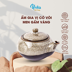 Mua Ấm mắm dẹt men gấm vàng - Lọ gia vị có vòi men hỏa biến - ấm đựng nước chấm gốm Unika Bát Tràng