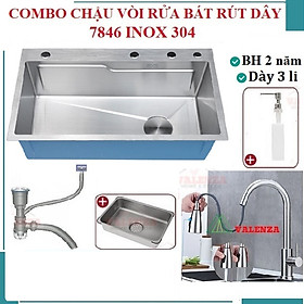 Mua Combo chậu rửa chén bát 1 hố lớn Valenza 7846 inox sus304 chuẩn 100% kèm vòi rửa bát rút dây Valenza sus304  bộ xả to ngăn mùi  khay inox kín-TẶNG BÌNH NƯỚC RỬA CHÉN