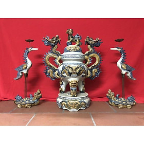 Mua BỘ ĐỈNH HẠC SỨ MEN RẠN ĐẮP NỔI HOẠ TIẾT RỒNG