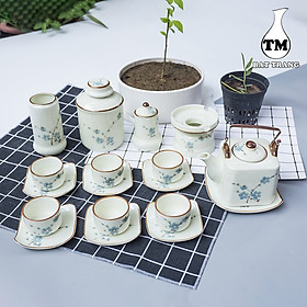 Mua Bộ Ấm Chén Men Kem Vẽ Hoa Đào Xanh Dáng Ấm Vuông Xưởng Gốm TM