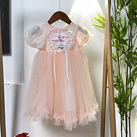 Váy công chúa bé gái cộc tay, Đầm dự tiệc cho bé 1-6 tuổi Elsa đính nơ ngọc lấp lánh vải ren cao cấp điệu đà đáng yêu
