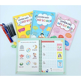 Bộ 3 cuốn vở tập viết tự xóa : luyện nét cơ bản, luyện chữ đẹp, luyện chữ số đẹp – tặng kèm 2 bút 2 kê tay và 8 ngòi bút