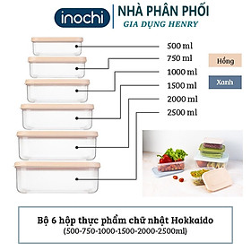 Bộ 6 hộp đựng thực phẩm chữ nhật đủ size Hokkaido ( Tặng kèm Sticker) - Chính hãng Inochi