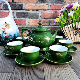 Bộ ấm chén Bát Tràng phú quý men xanh lục ngọc bảo họa tiết Phúc - Lộc - Thọ vẽ vàng 24k 