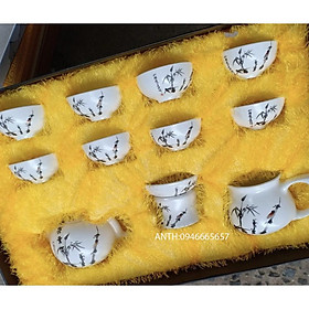 Hình ảnh Bộ ấm trà đạo phong cách Nhật Bản 11 món trắng họa tiết cây trúc