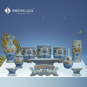 Bộ đồ thờ Thổ Công số 7 gồm 3 bát men Rạn Đắp Nổi họa tiết RỒNG & SEN