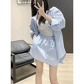 Bộ Áo sơ mi dáng dài rộng oversize kèm chân váy ngắn thời trang Hàn Quốc