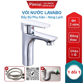 Vòi Nước Lavabo Pimisi PV-306C-1 Nóng Lạnh 1 Lỗ, Thân Củ Gật Gù Làm Từ Đồng Thau Mạ Crom-Niken Sáng Bóng Dùng Cho Chậu Rửa Mặt Treo Tường 1 Lỗ Hoặc Âm Bàn Đá Trong Nhà Vệ Sinh Với Đầy Đủ Phụ Kiện Xi Phông Và Dây Cấp Nước | Hàng Chính Hãng