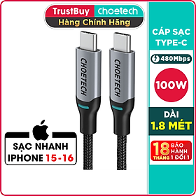 Mua Dây Cáp Sạc Nhanh USB Type C to Type C 100W Dài 1.8M Chuyên Sạc Cho iPhone 15  iP16  Macbook  Laptop  Smartphone CHOETECH XCC-1002-GY - Hàng Chính Hãng