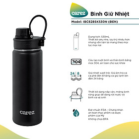 Bình Giữ Nhiệt Carez IBC628SK530N - Đen - 530ml, Inox 304, Không chứa BPA - Giữ nóng đến 8 tiếng, giữ lạnh đến 24 tiếng - Hàng chính hãng