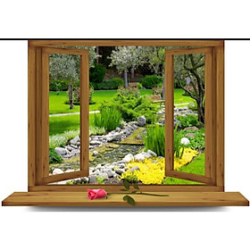 Tranh dán tường cửa sổ vườn cây ép lụa kim sa có sẵn keo CS79