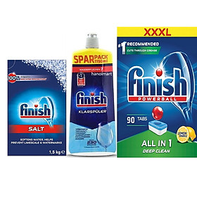Combo viên rửa chén bát finish all in 1 hộp 90 viên  muối rửa ly finish 1,5kg  nước làm bóng finish 1150ml