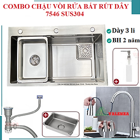 Mua Combo chậu rửa bát 1 hố lớn inox 304 Valenza 75x46cm vòi rửa bát rút dây nóng lạnh bộ xả khay inox bình rửa bát-Dày 3li