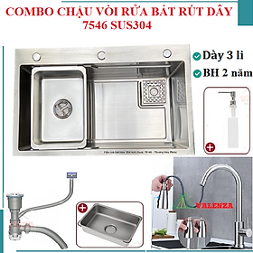 Combo chậu rửa bát 1 hố lớn inox 304 Valenza 75x46cm vòi rửa bát rút dây nóng lạnh bộ xả khay inox bình rửa bát-Dày 3li