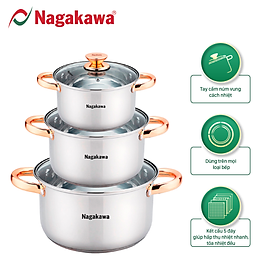 Mua Bộ 3 nồi inox 4 đáy Nagakawa NAG1306 (16cm  20cm  24cm) - Quai mạ vàng - Dùng trên mọi loại bếp - Hàng Chính Hãng