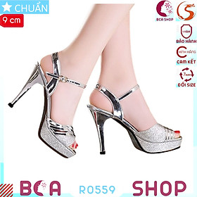 Giày sandal cao gót nữ 9p RO559 màu bạc ROSATA tại BCASHOP gót nhọn, quai ngang bóng nhám sang trọng