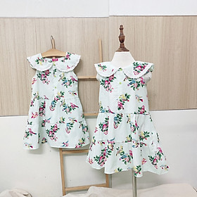 Đầm bé gái cổ sen gài nút trước họa tiết chim