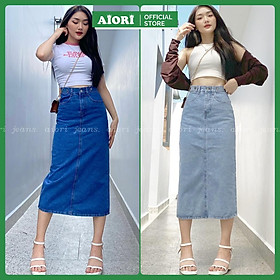 Chân Váy Jean Denim AIORI Thiết Kế Midi Dài Xẻ Tà Lưng Cao Dáng Chữ A Cạp Cao Thời Trang_Mã V005 - Xanh đậm