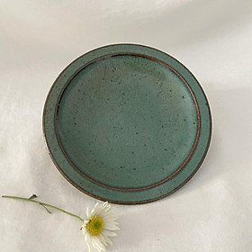 Mua #DI0005 Dĩa gốm sứ màu xanh cổ vịt viền nâu 14.5cm