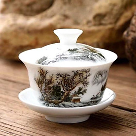 Chén trà có nắp kiểu cổ Trung Quốc hình sơn thủy