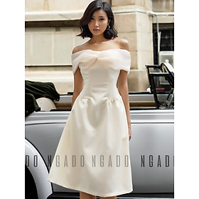 Đầm bẹt vai phối voan kem NGADO, Đầm dự tiệc sang chảnh, Đầm hở vai