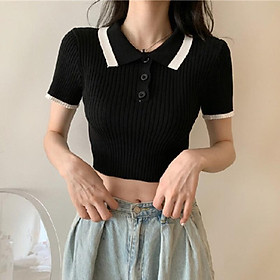 Áo len Montoghi dệt kim CROPTOP DÁNG ÔM 2 MÀU cổ bẻ phối viền phối nút xinh xắn