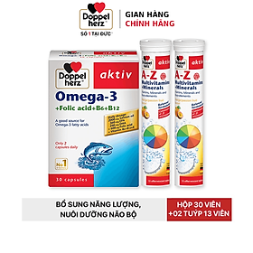 Combo bổ sung vitamin, khoáng chất, bổ não và tim mạch Doppelherz Omega 3 (30 viên) + 02 tuýp sủi A-Z Fizz (13 viên)