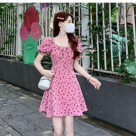 DONGSHOP Cộng với kích thước bong bóng tay áo màu hồng Pháp hoa đầm cho phụ nữ 2023 mùa hè chất béo mm thắt lưng eo eo eo eo đầm