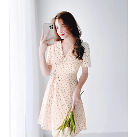 Đầm dáng xòe nữ họa tiết hoa cột dây ngang eo