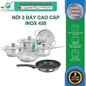 Bộ nồi inox FIVESTAR 6 chiếc nắp kính 3 đáy dùng được bếp từ ,hồng ngoại , gas