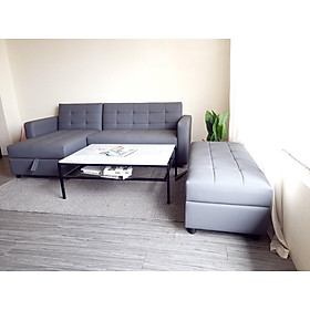 Sofa góc Căn hộ Chung cư Tundo 2m2 x 1m4 và đôn dài 60 x 80 cm. Hộc chứa đồ thông minh dưới ghế.