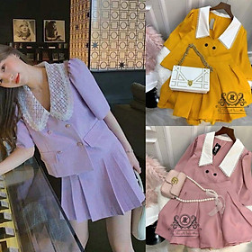Sét áo cổ trắng viền ren cài nút phối chân váy xòe xếp ly HÀNG THIẾT KẾ