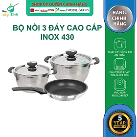 Bộ nồi inox và  chảo chống dính Fivestar Standard chống nóng nắp inox 3 đáy từ tặng 2 vá canh (1 nồi 16cmx 1 nồi 20cm và 1 chảo 22cm )