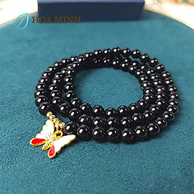 Vòng tay phong thủy Mã Não đen size 6 li phối charm bướm cực xinh xắn, hợp mệnh Thủy Mộc - 16-17.5cm