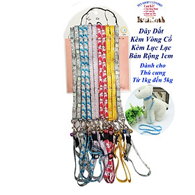 Dây dắt kèm vòng cổ có chuông cho Chó Mèo Dưới 5kg Bản rộng 1cm In họa tiết hoạt hình Chất liệu dù an toàn, Chắc chắn
