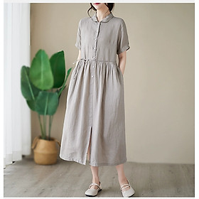 Đầm linen dáng dài, suông công sở cổ tròn linen tay cộc kèm dây eo, đầm đũi form rộng Haint Boutique Da169