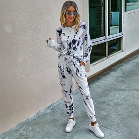 Women 2 Piece T-shirt Long Pants Irregular Print O-Neck Long Sleeve Tops Pullover Casual Pajama Home Wear
