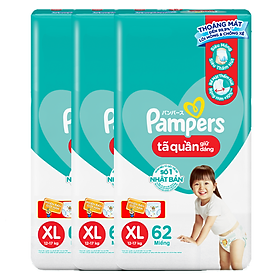 Combo 3 Tã/ Bỉm Quần PAMPERS Giữ Dáng Gói Cực Đại Size XL (62 miếng, 12-17kg), Chống Xệ