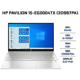 Laptop HP Pavilion 15-eg0004TX 2D9B7PA (Core i5-1135G7/ 4GB (4GBx1) DDR4 3200MHz/ 256GB PCIe NVMe M.2 SSD/ MX450 2GB GDDR5/ 15.6 FHD IPS/ Win10 + Office) - Hàng Chính Hãng