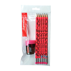 Combo Bút chì gỗ STABILO butterfly 4920 có đầu tẩy - Bộ 6 bút thân màu hồng có đầu gôm + Chuốt chì PS4538 (PC4920P-C6S)
