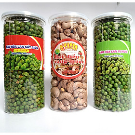 Combo Đậu Hòa Lan O'Casso Vị Tỏi Ớt + Muối + Hạt Điều Rang Muối Vỏ Lụa hộp thiếc 500g