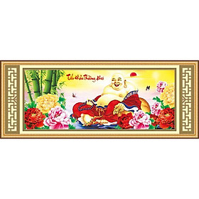Tranh thêu chữ thập 5d Tiếu Khẩu Trường Khai - Phật di lạc bên hoa mẫu đơn chưa thêu