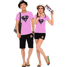 Bộ Áo Thun Đôi Nam Nữ Siêu Nhân Màu Hồng Phấn