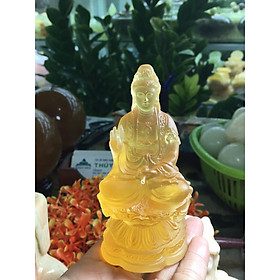 Tượng Phật Bà Quan Thế Âm Bồ Tát ngồi đài sen cầu bình an đá thạch anh lưu ly - Cao 10 cm