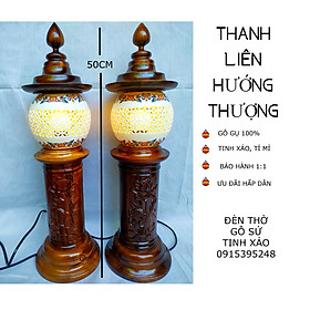 Mua Đôi đèn thờ gỗ sứ tinh xảo THANH LIÊN HƯỚNG THƯỢNG (tặng kèm bóng LED dự phòng)