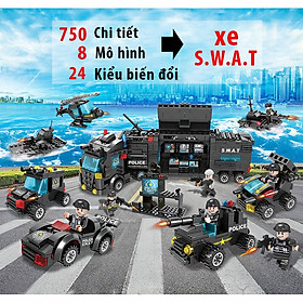 Đồ chơi lắp ráp xếp hình trẻ em bằng nhựa ABS an toàn - Mẫu XE POLICE SWAT biến đổi Thành Máy Bay, Robot  Với 750 chi tiết 24 trong 1