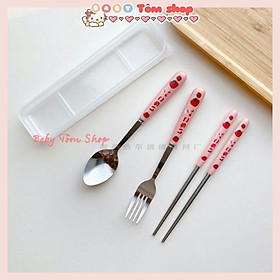 Bộ thìa dĩa đũa inox họa tiết dâu tây, họa tiết sỏi kèm hộp nhựa,Baby Tôm. Thìa dĩa văn phòng