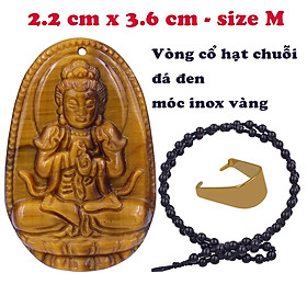 Mặt Phật Đại nhật như lai đá mắt hổ 3.6 cm kèm vòng cổ hạt chuỗi đá đen - mặt dây chuyền size M, Mặt Phật bản mệnh