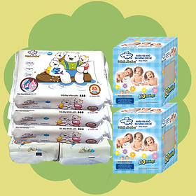 Combo thùng mini 2 hộp khăn vải khô đa năng cho bé và 5 Gói Khăn ướt làm sạch tinh khiết dành cho bé Oma&Baby với công thức Chlorhexidine Digluconate kháng khuẩn an toàn, dịu nhẹ trong khăn ( 85 tờ*3 + 25 tờ*2)